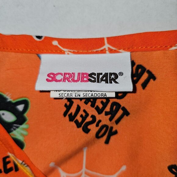 Scrubstar Womans Size Small Halloween Scrubs Top Pockets Cat Pumpkin Ghost Web - Picture 4 of 7